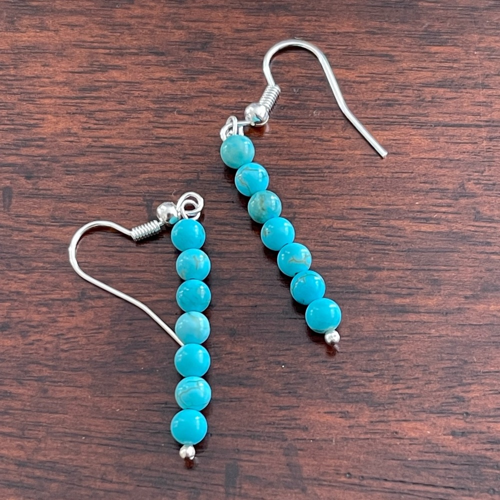 Howlite turquoise 4 mm bead silver drop earrings - Picture 3 of 8